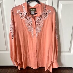 Bob Mackie Wearable Art Coral Button Down Shirt with White Embroidery